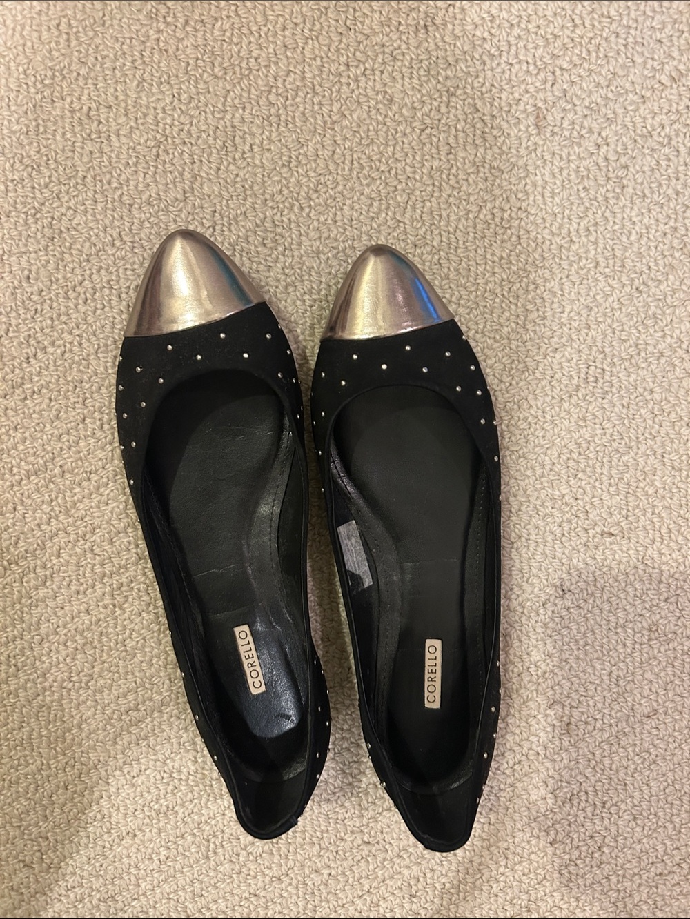 Black Suede Flats with Silver CapToe and Studs